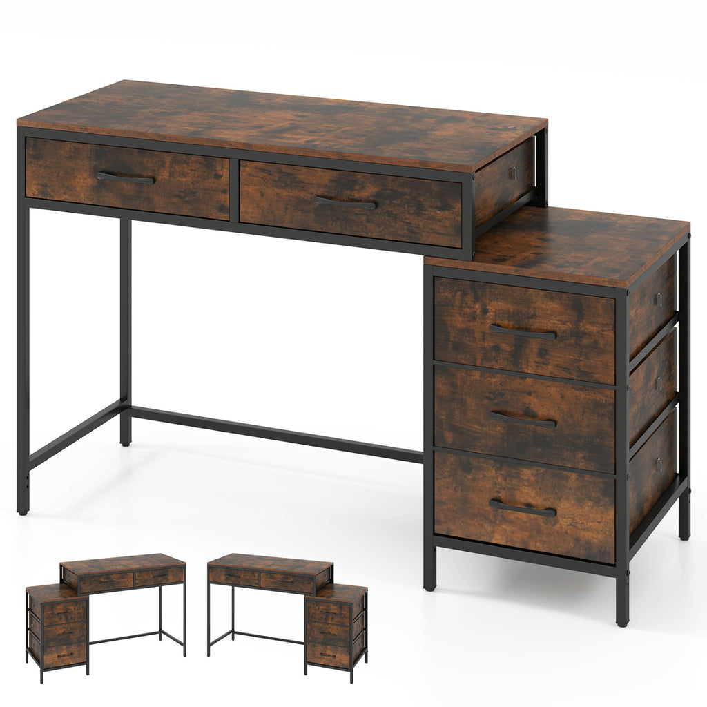 Computer Desk with 5 Drawers and Printer Stand - Rustic Brown