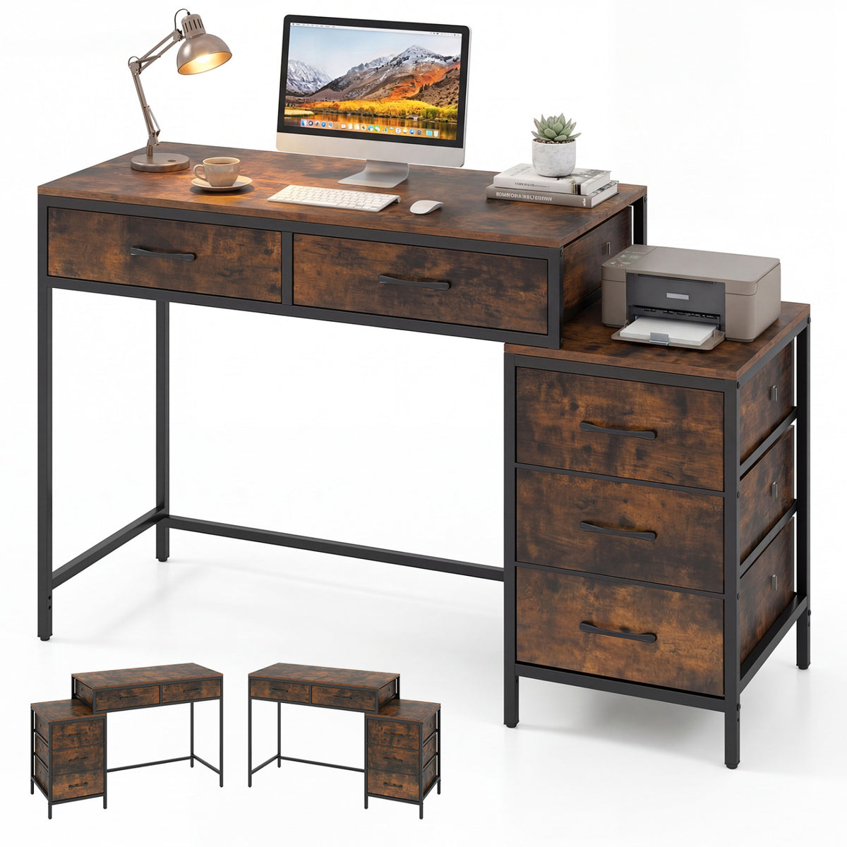 Computer Desk with 5 Drawers and Printer Stand - Rustic Brown