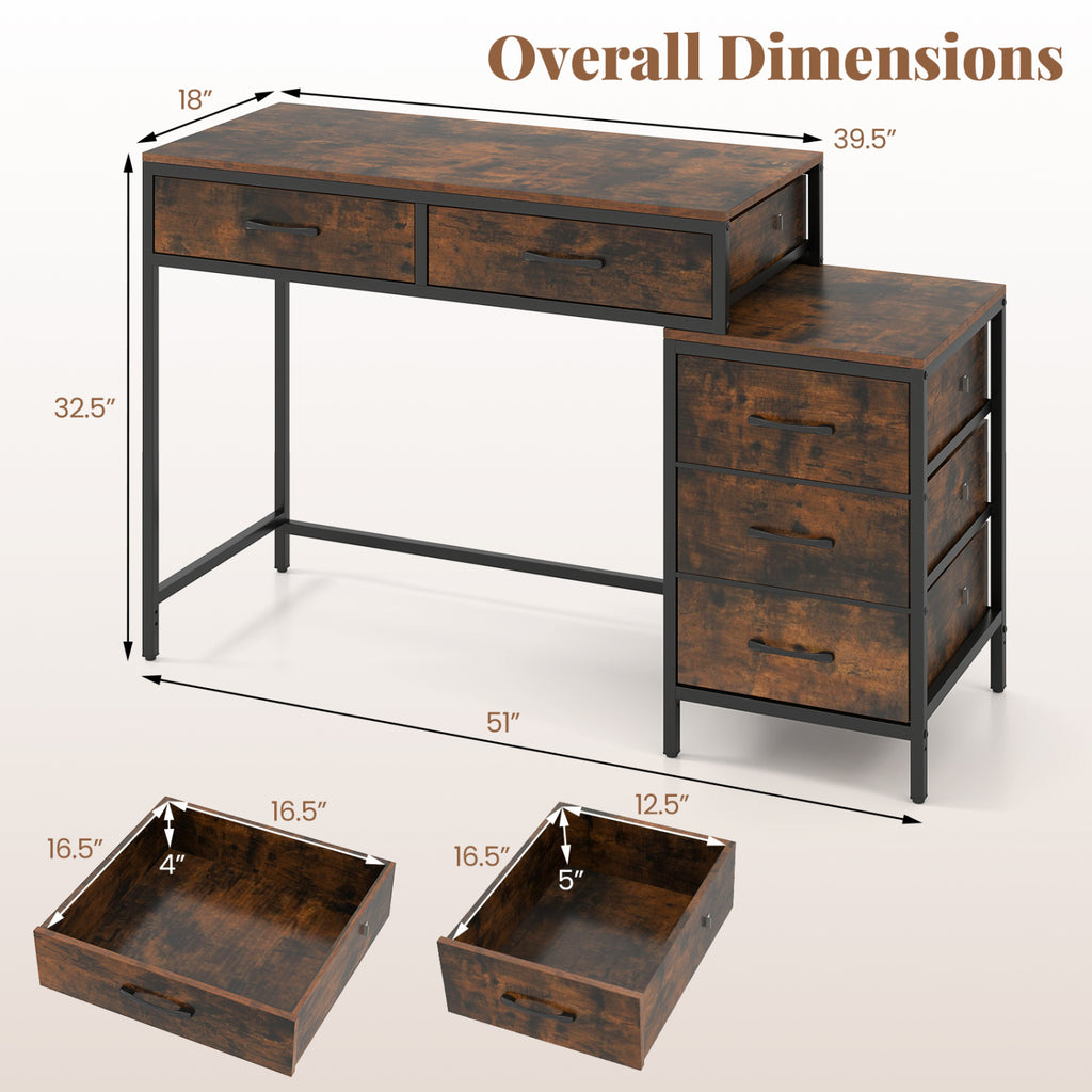 Computer Desk with 5 Drawers and Printer Stand - Rustic Brown