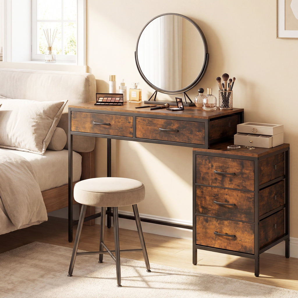 Computer Desk with 5 Drawers and Printer Stand - Rustic Brown