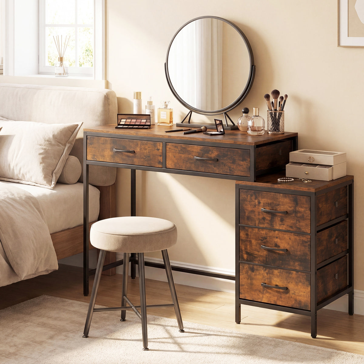 Computer Desk with 5 Drawers and Printer Stand - Rustic Brown
