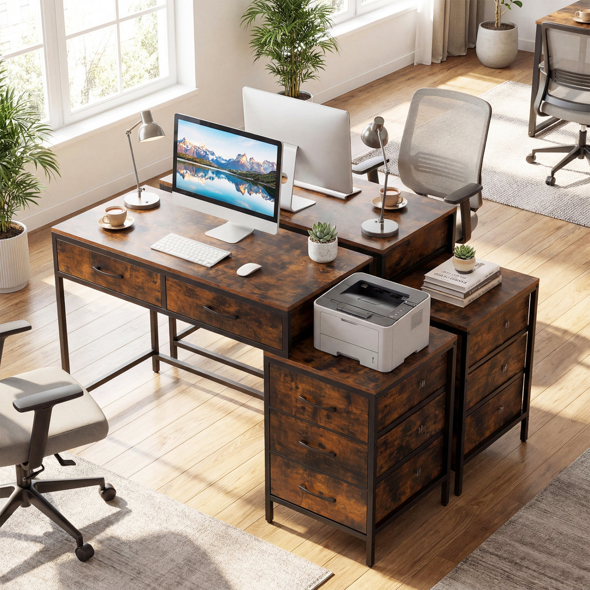 Computer Desk with 5 Drawers and Printer Stand - Rustic Brown