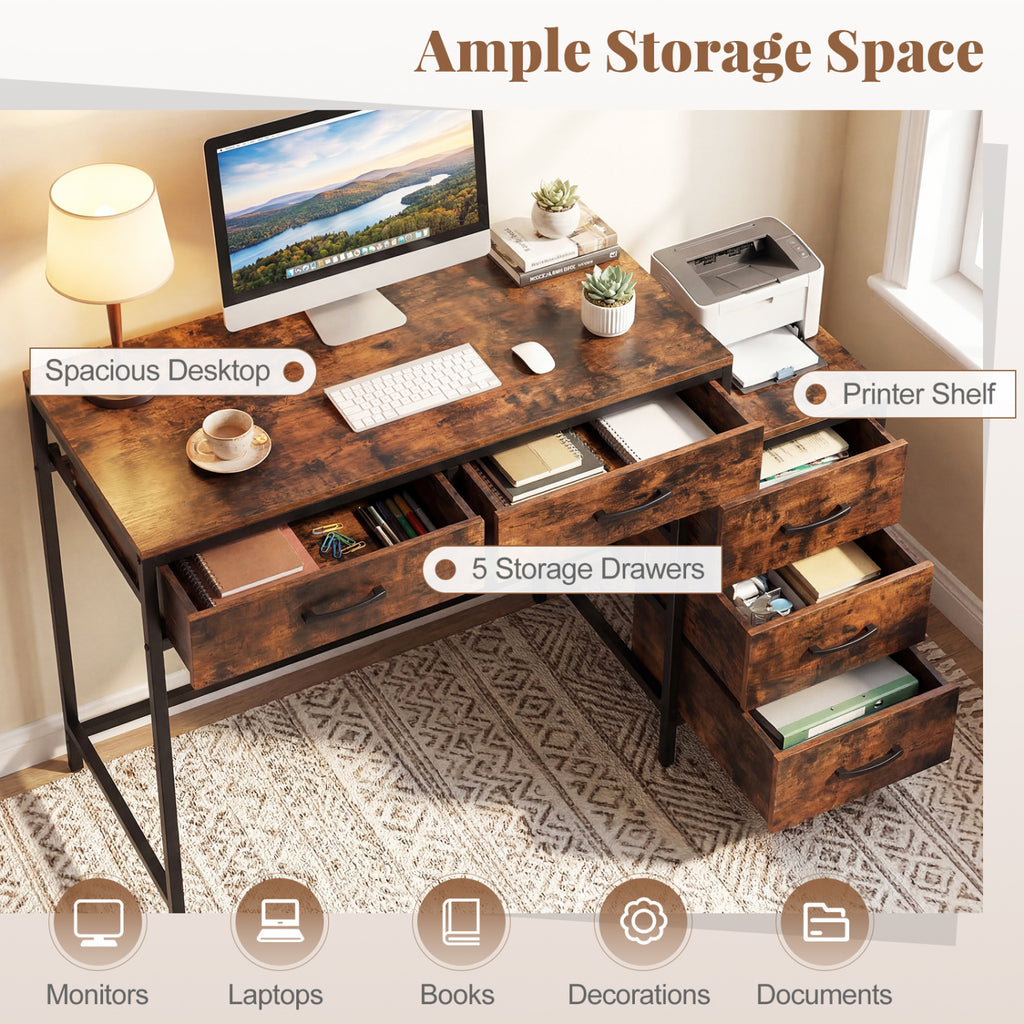 Computer Desk with 5 Drawers and Printer Stand - Rustic Brown