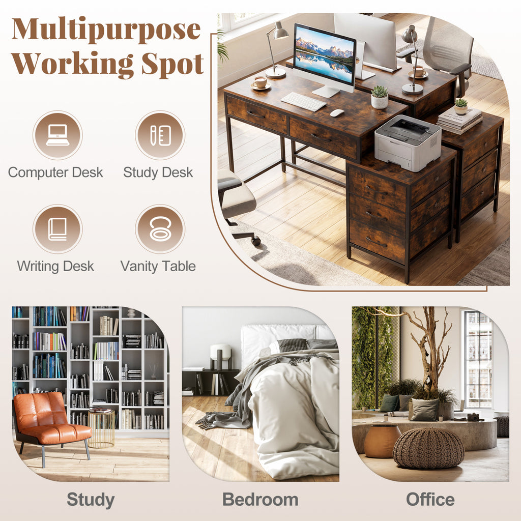 Computer Desk with 5 Drawers and Printer Stand - Rustic Brown