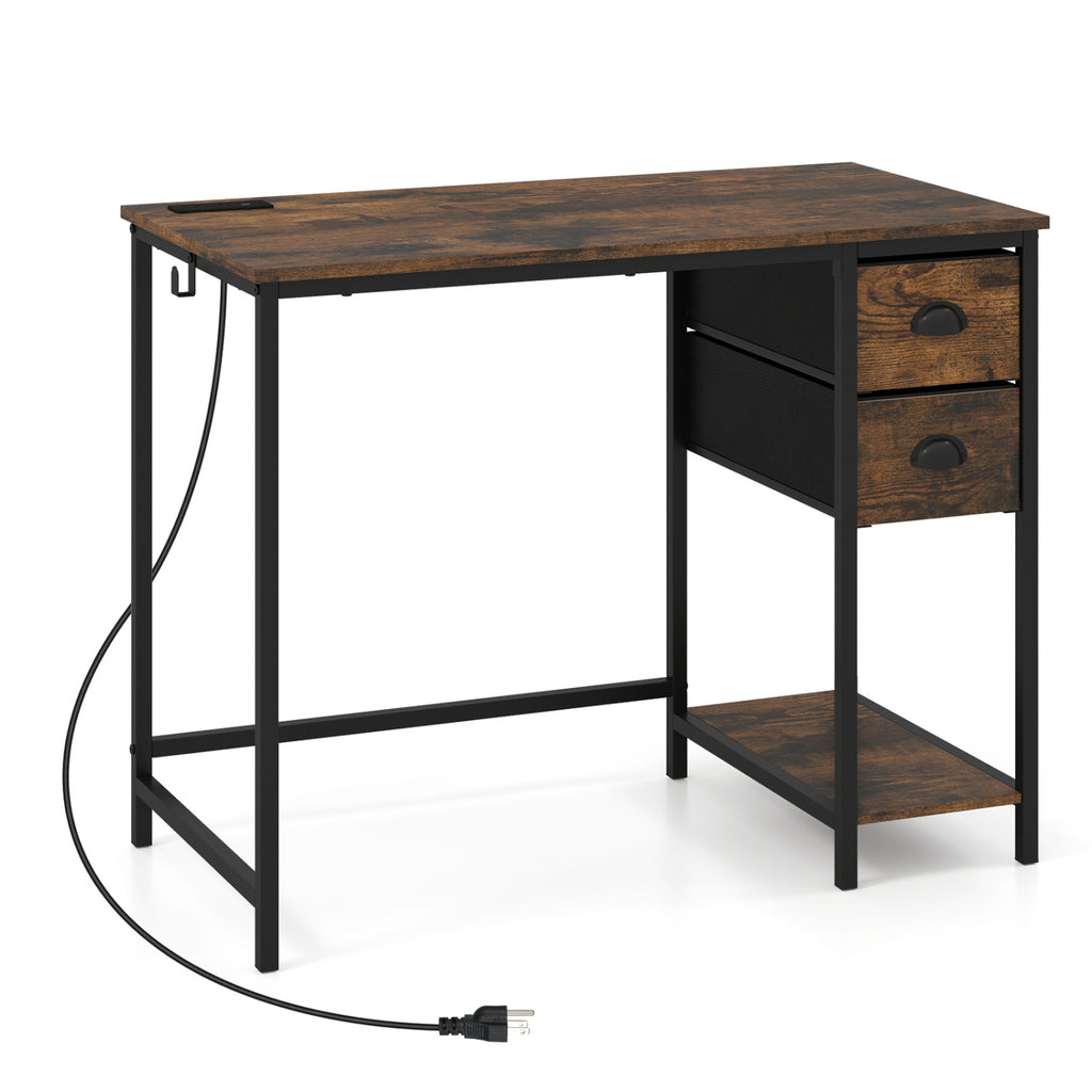Computer Desk with Charging Station & 2 Drawers, Rustic Brown