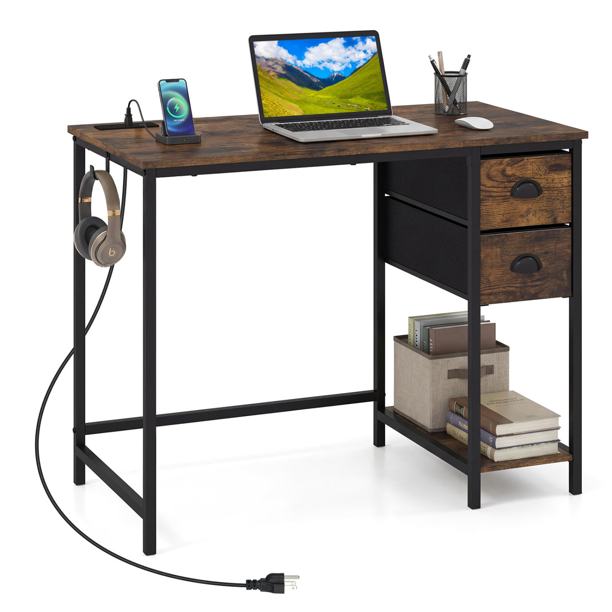 Computer Desk with Charging Station & 2 Drawers, Rustic Brown