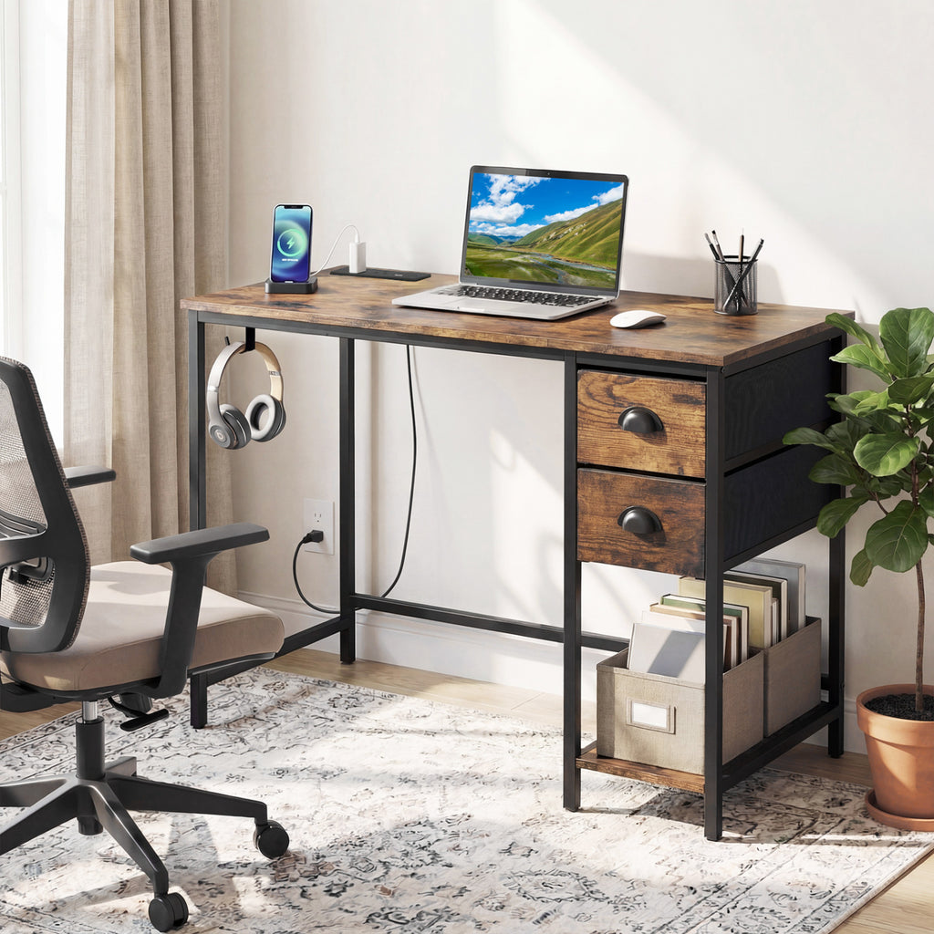 Computer Desk with Charging Station & 2 Drawers, Rustic Brown
