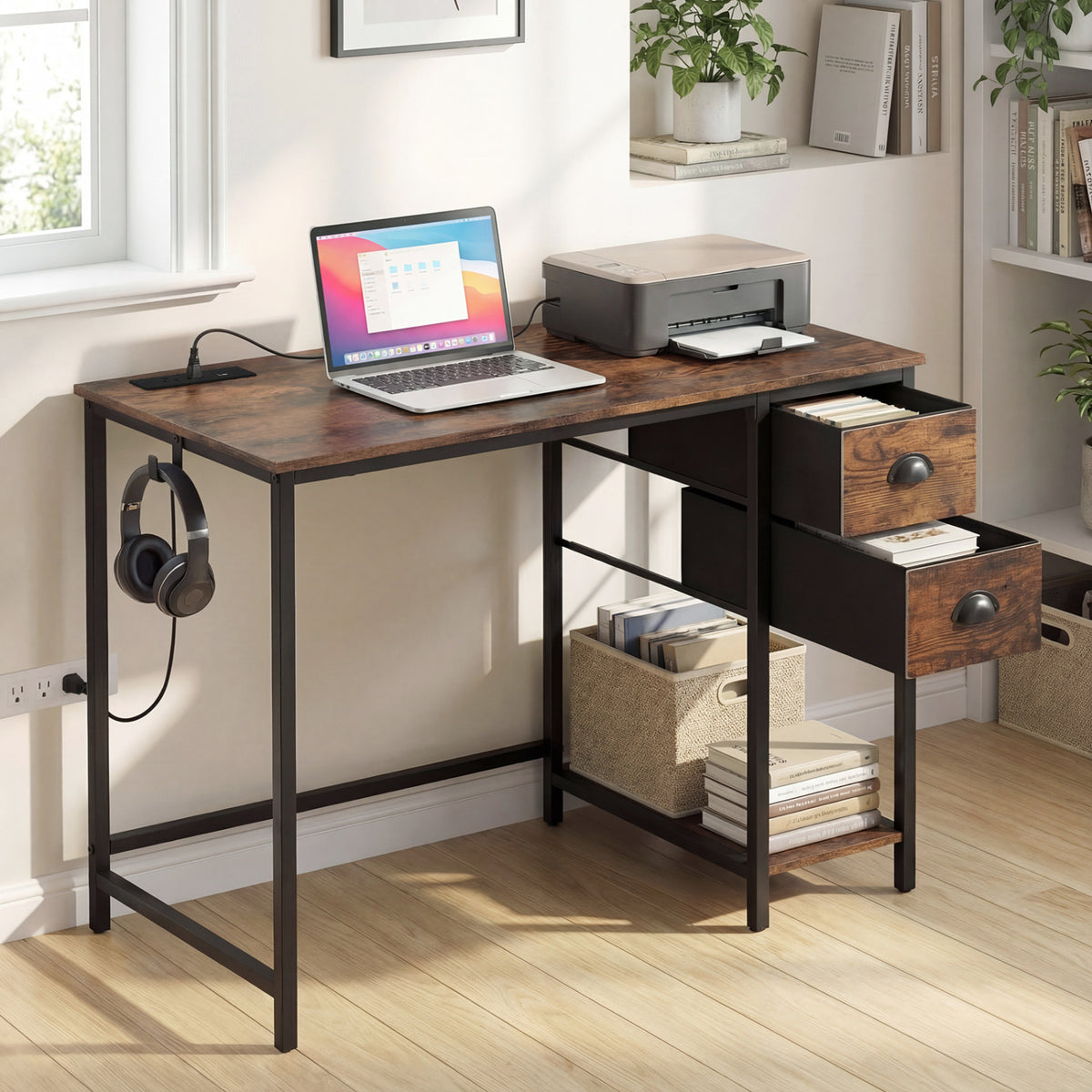 Computer Desk with Charging Station & 2 Drawers, Rustic Brown