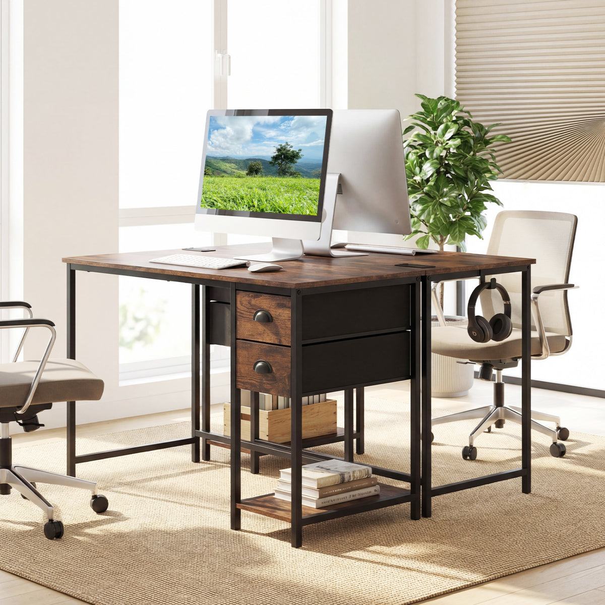 Computer Desk with Charging Station & 2 Drawers, Rustic Brown
