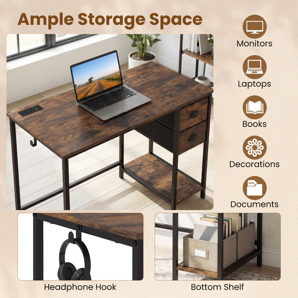 Computer Desk with Charging Station & 2 Drawers, Rustic Brown