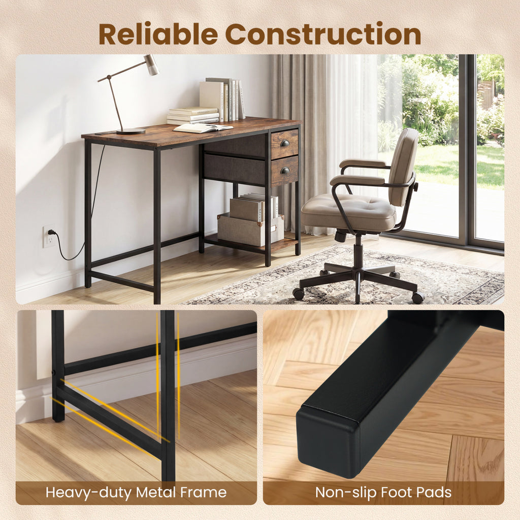Computer Desk with Charging Station & 2 Drawers, Rustic Brown