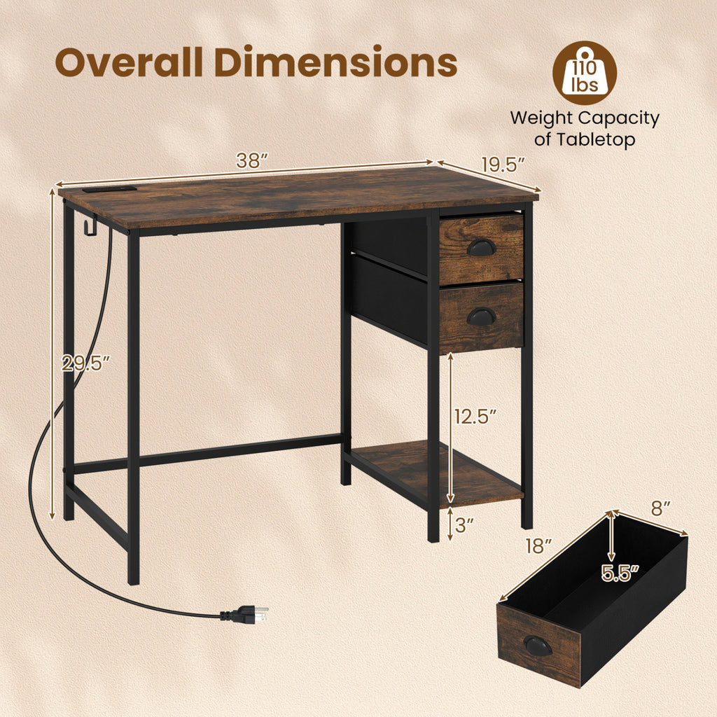 Computer Desk with Charging Station & 2 Drawers, Rustic Brown