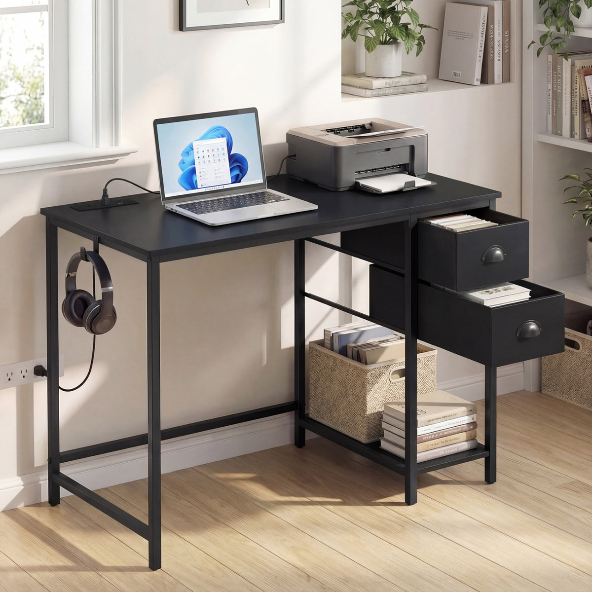 Computer Desk with Charging Station & 2 Drawers, Rustic Brown