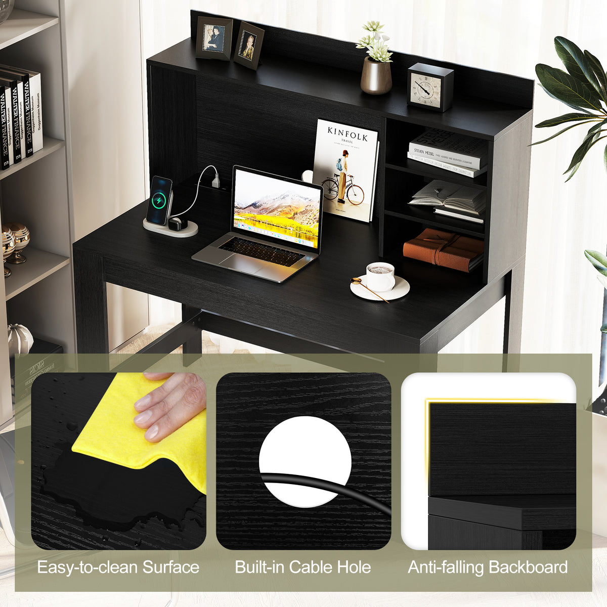 Modern Computer Desk with Hutch and Storage Shelves