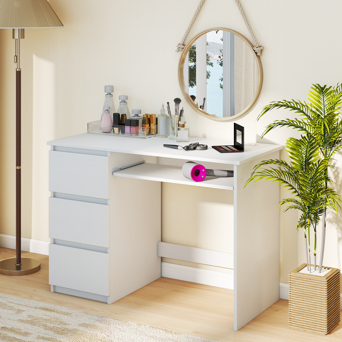 Computer Desk with Power Outlet Keyboard Tray and 3 Large Drawers
