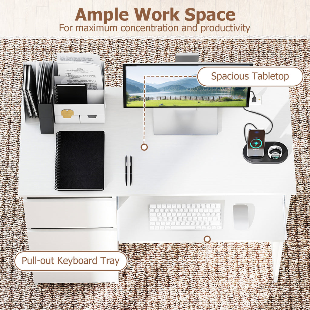 Computer Desk with Power Outlet Keyboard Tray and 3 Large Drawers