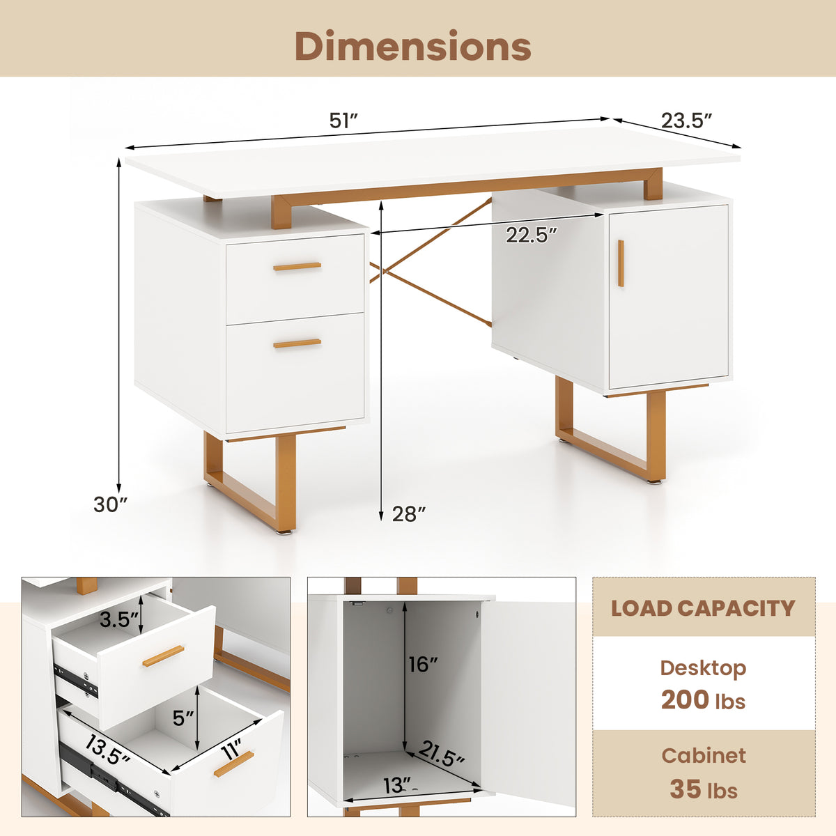 51 Inch Computer Desk with Floating Desktop and Dual Drawers