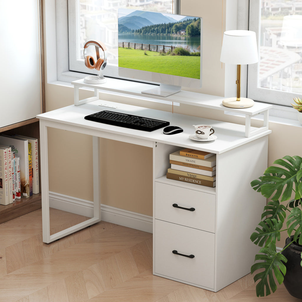 Computer Desk with Power Outlets & File Drawer - White