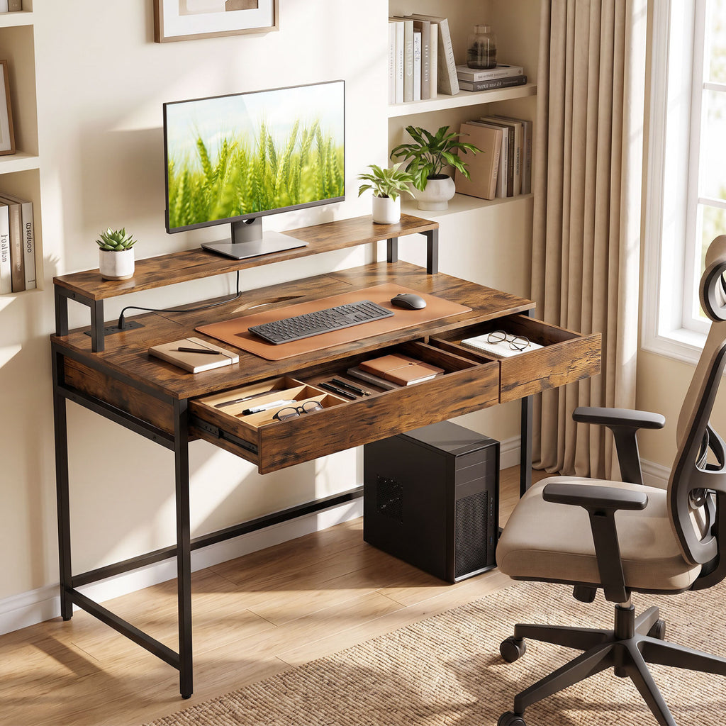 Compact Office Desk with Monitor Shelf & Drawer - White