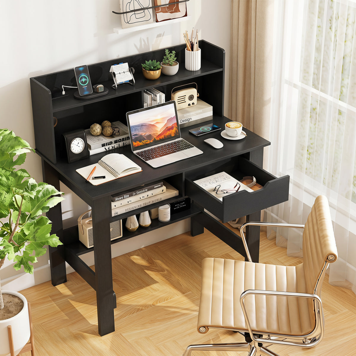 Computer Desk with Power Outlets USB & Type-C - Black