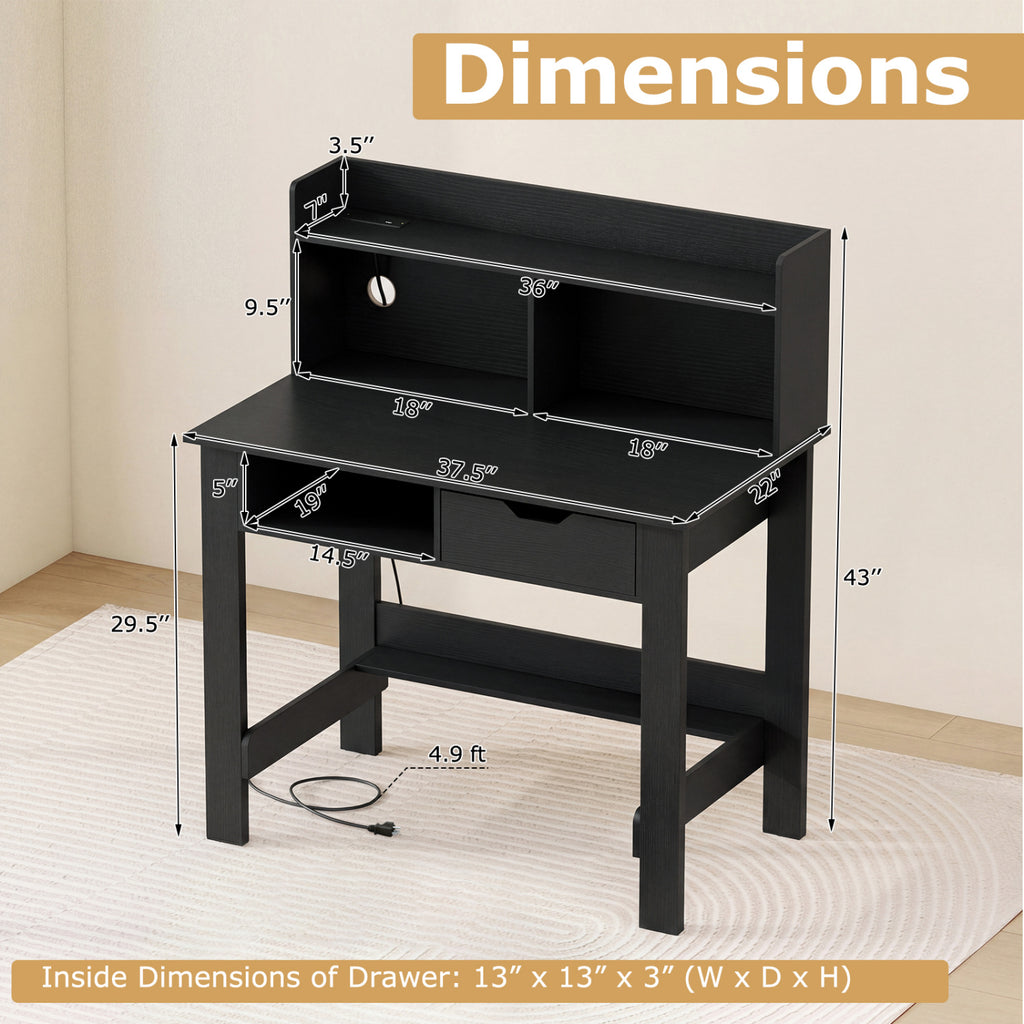 Computer Desk with Power Outlets USB & Type-C - Black