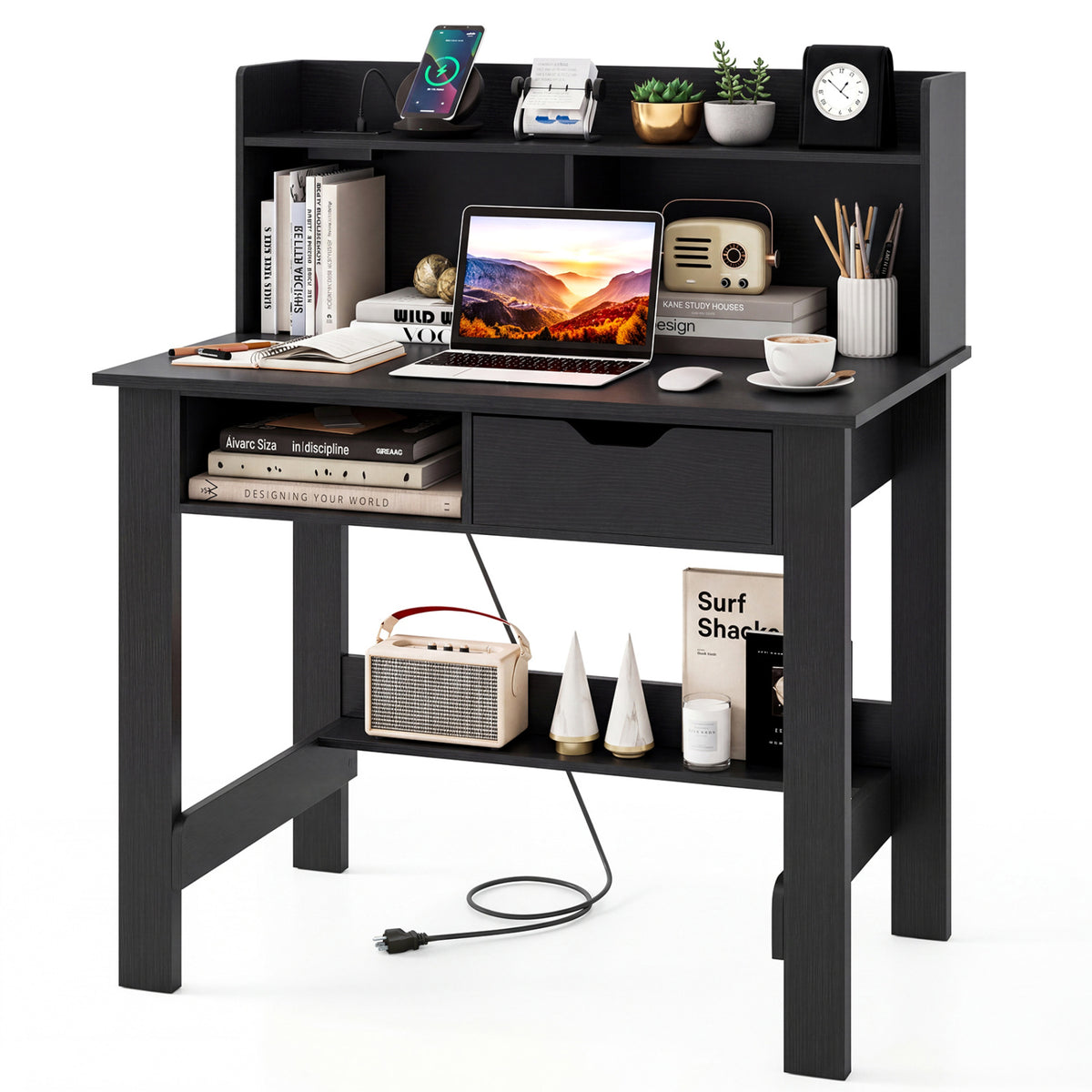 Computer Desk with Power Outlets USB & Type-C - Black
