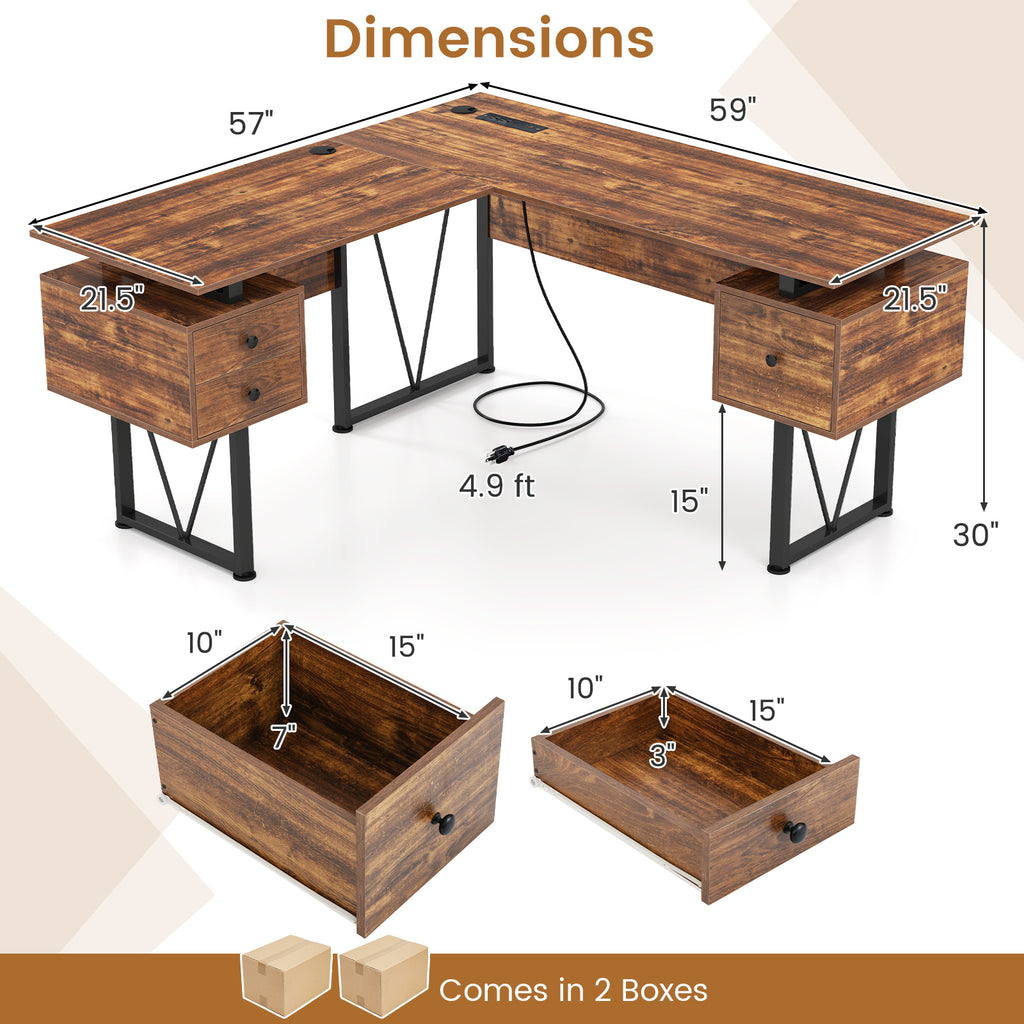L-shaped Computer Desk with Power Outlets and 3 Storage Drawers