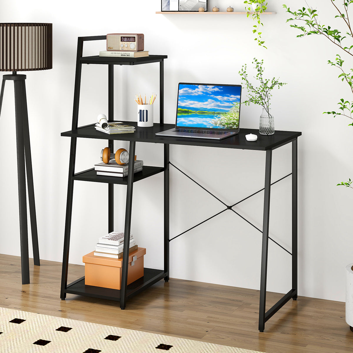 Computer Desk with 3-Tier Storage Shelves, Black