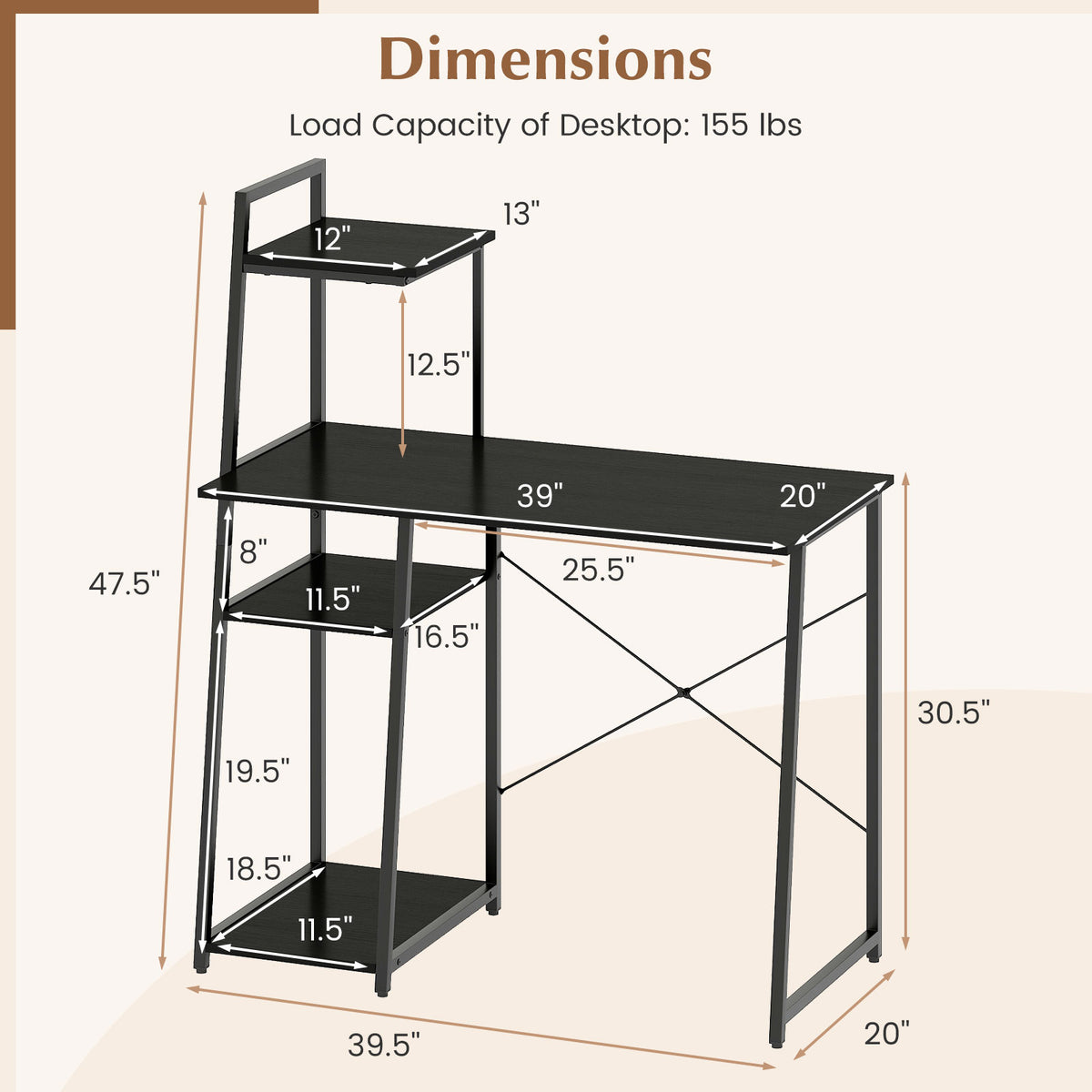 Computer Desk with Shelves and 3-Tier Storage Bookshelf