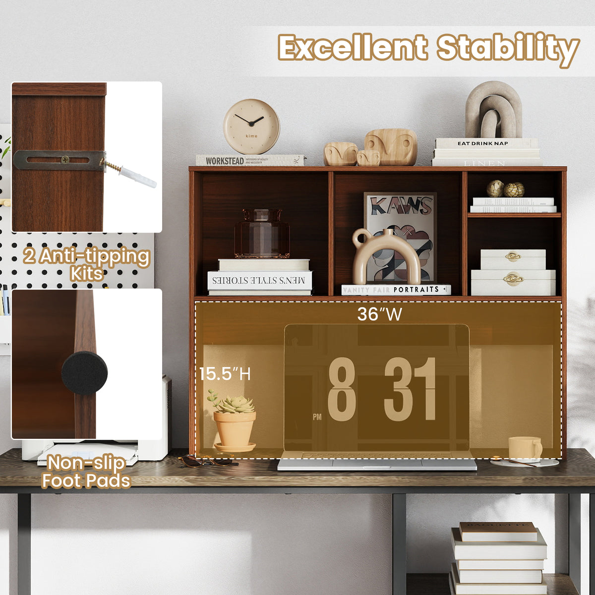Desktop Bookcase with 4 Cubbies & Open Compartment – Walnut