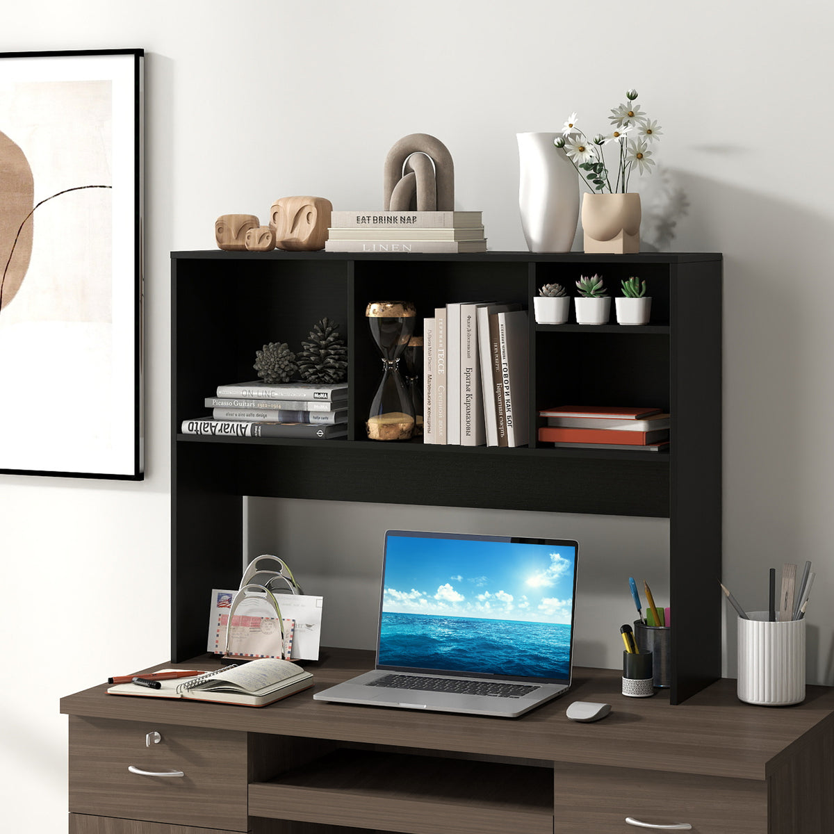Computer Desktop Bookcase with 4 Cubbies, Black