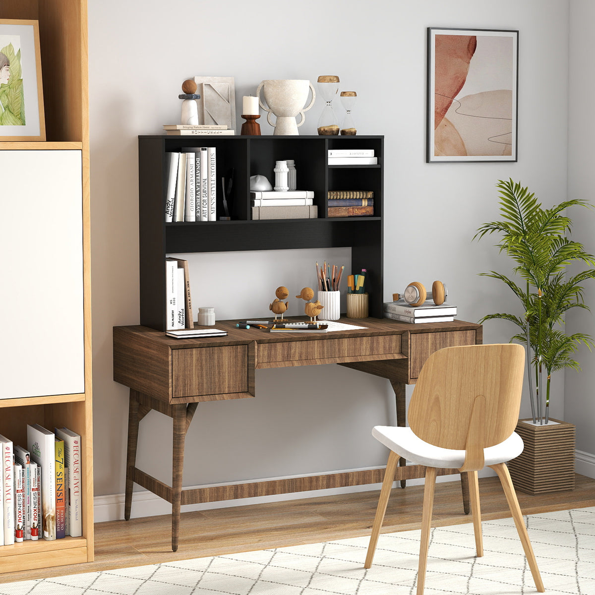 Computer Desktop Bookcase with 4 Cubbies, Black