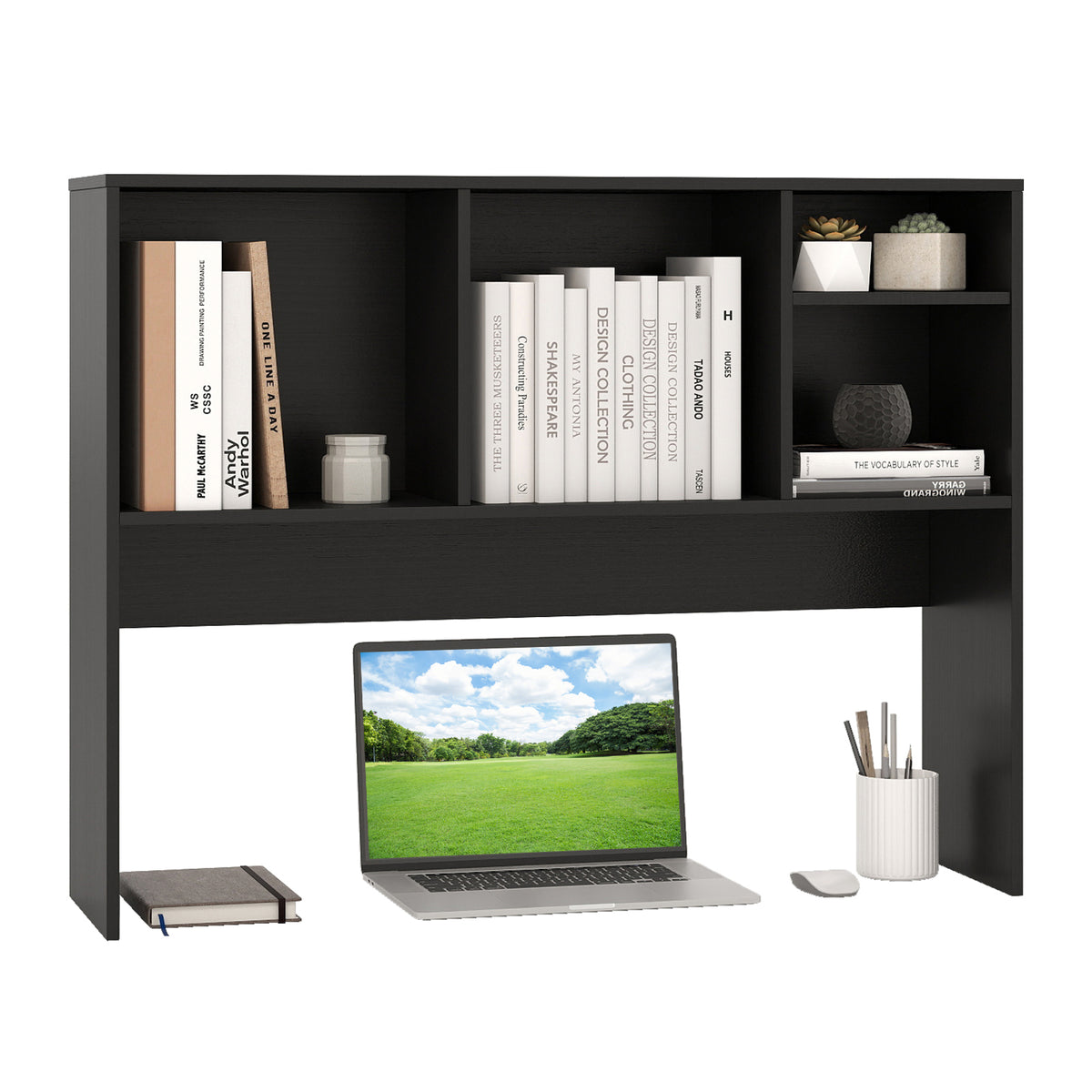 Computer Desktop Bookcase with 4 Cubbies, Black