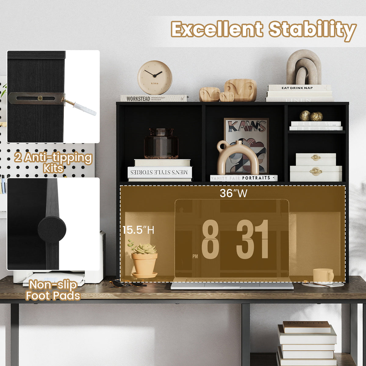 Computer Desktop Bookcase with 4 Cubbies, Black