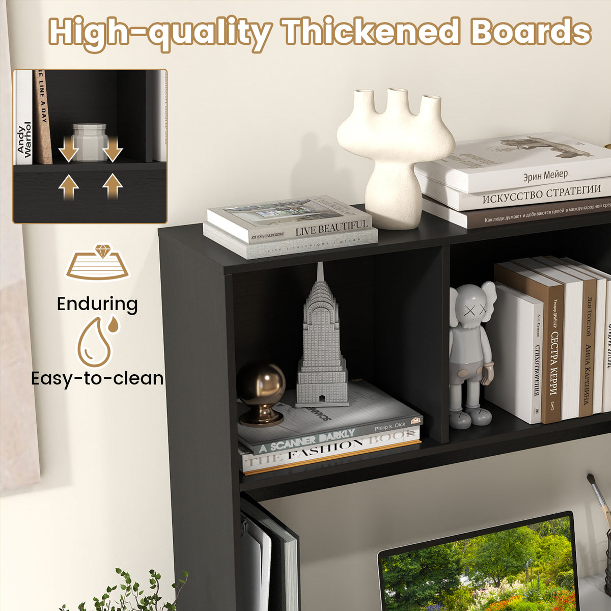 Computer Desktop Bookcase with 4 Cubbies, Black