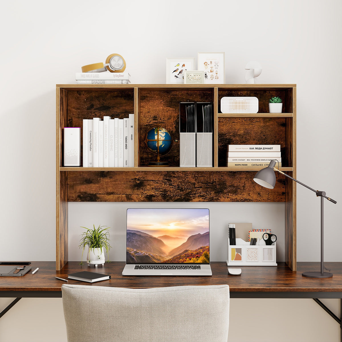 Computer Desktop Bookcase with 4 Cubbies and Open Back Compartment