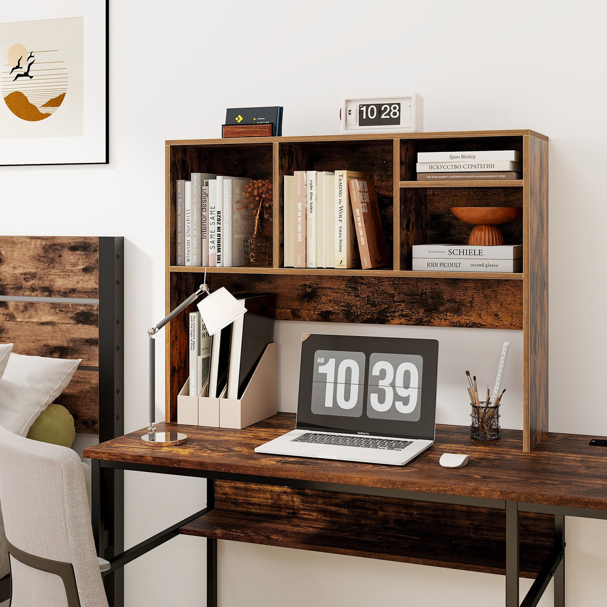 Computer Desktop Bookcase with 4 Cubbies and Open Back Compartment