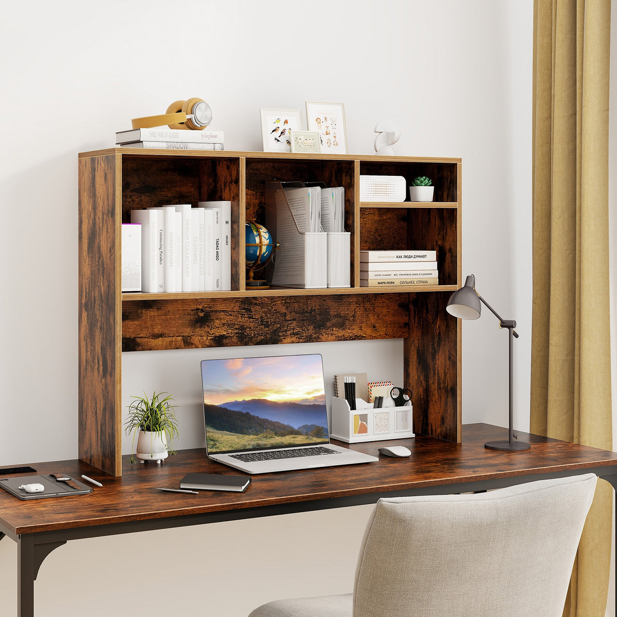 Computer Desktop Bookcase with 4 Cubbies and Open Back Compartment