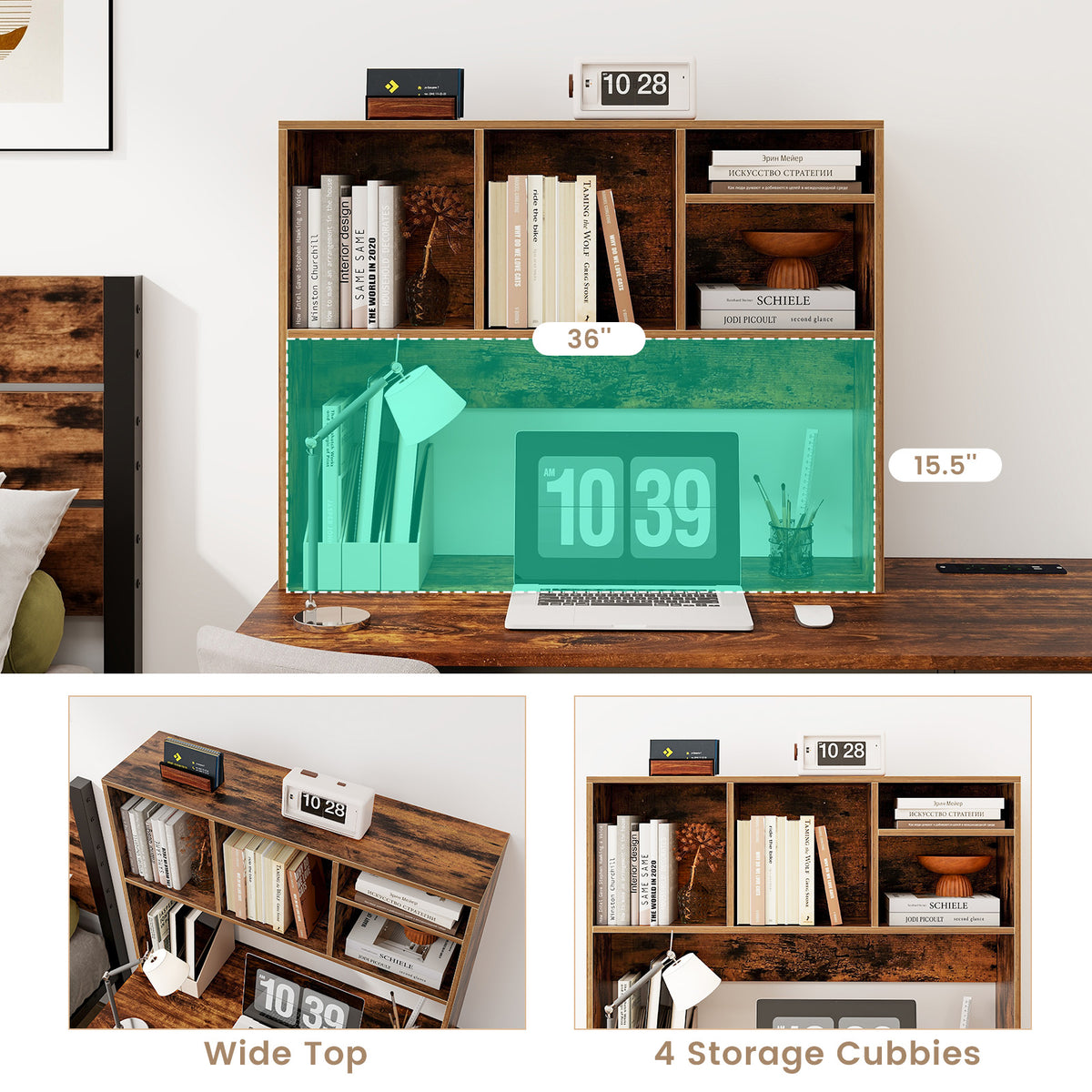 Computer Desktop Bookcase with 4 Cubbies and Open Back Compartment