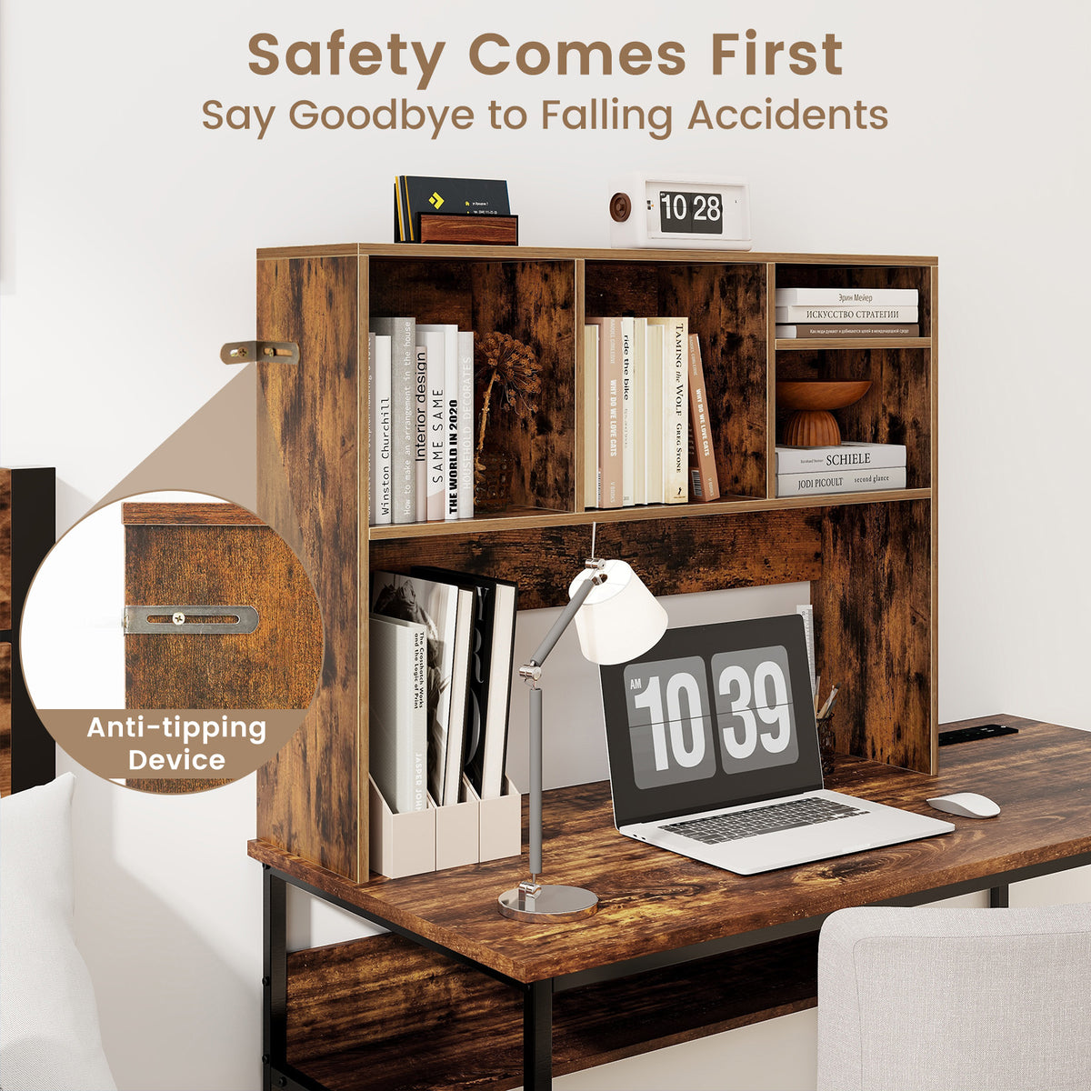 Computer Desktop Bookcase with 4 Cubbies and Open Back Compartment