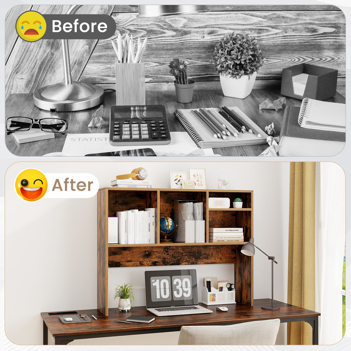 Computer Desktop Bookcase with 4 Cubbies and Open Back Compartment