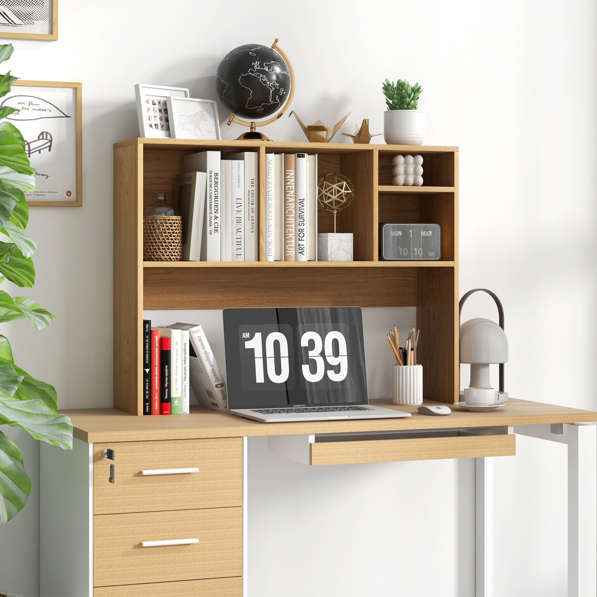Computer Desktop Bookcase with 4 Cubbies and Open Back Compartment