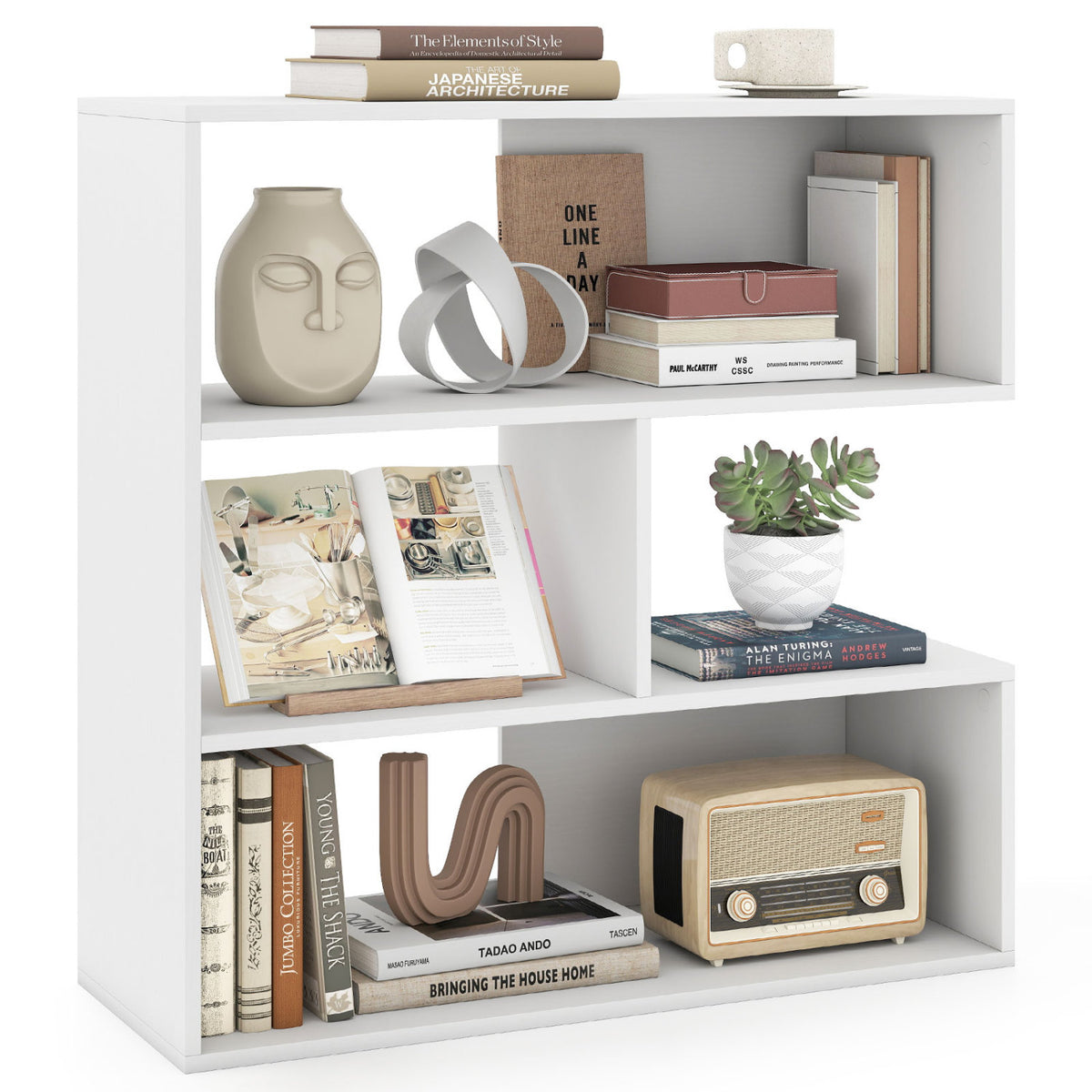 Concave Bookshelf with 3 Open Shelves & Anti-Toppling Device for