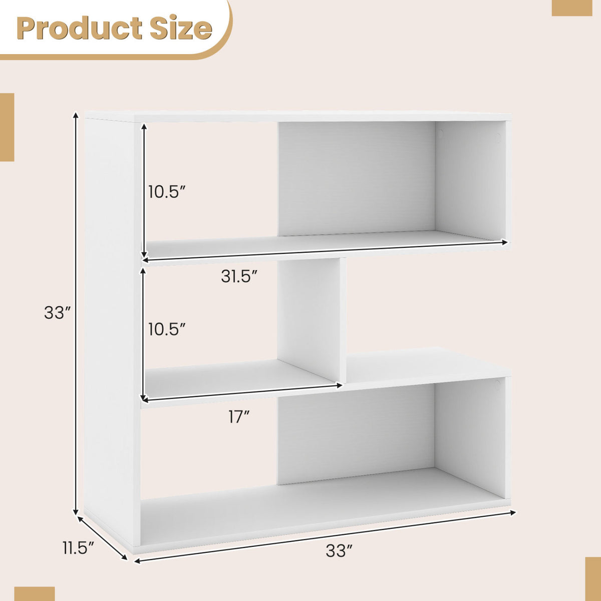 Concave Bookshelf with 3 Open Shelves & Anti-Toppling Device for