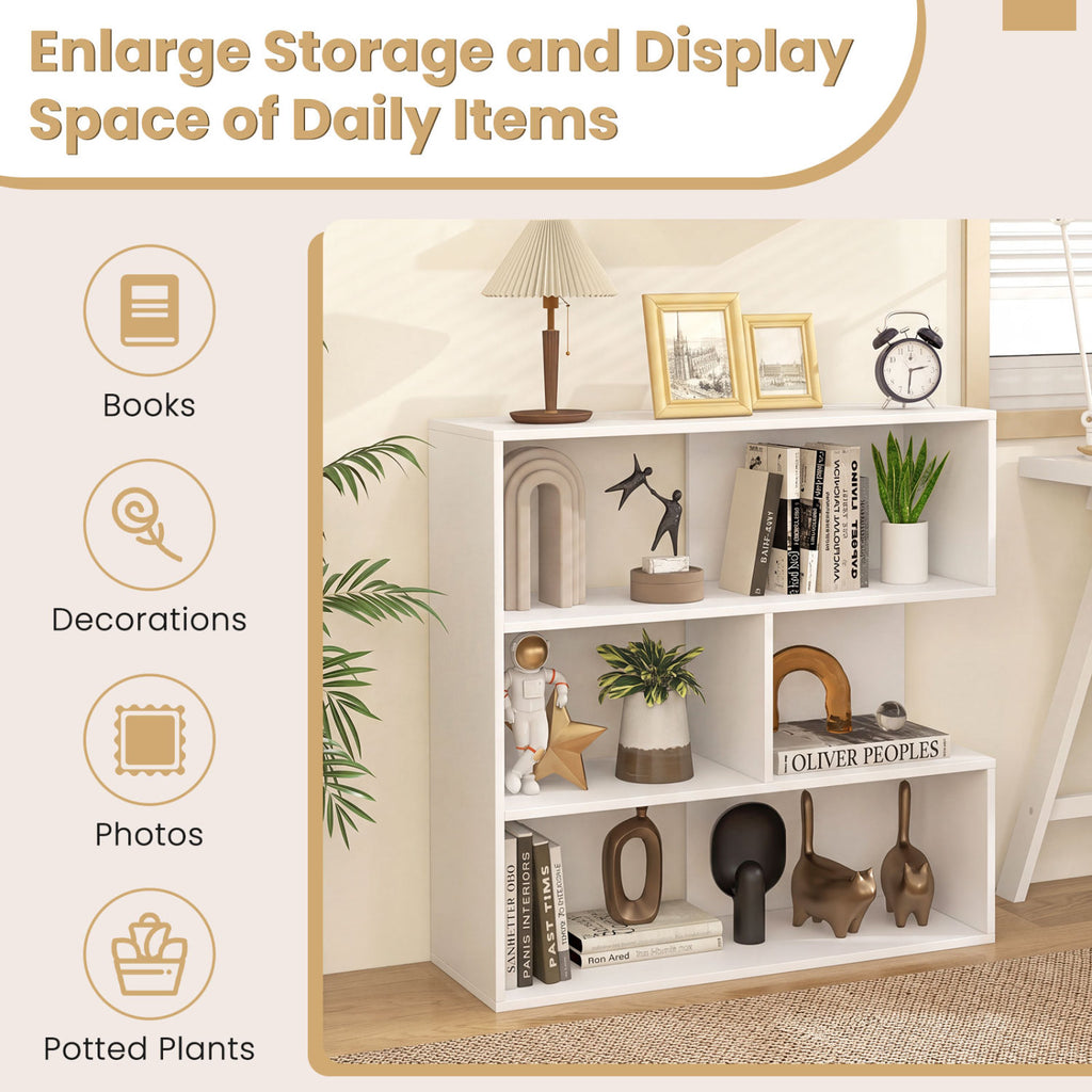 Concave Bookshelf with 3 Open Shelves & Anti-Toppling Device for