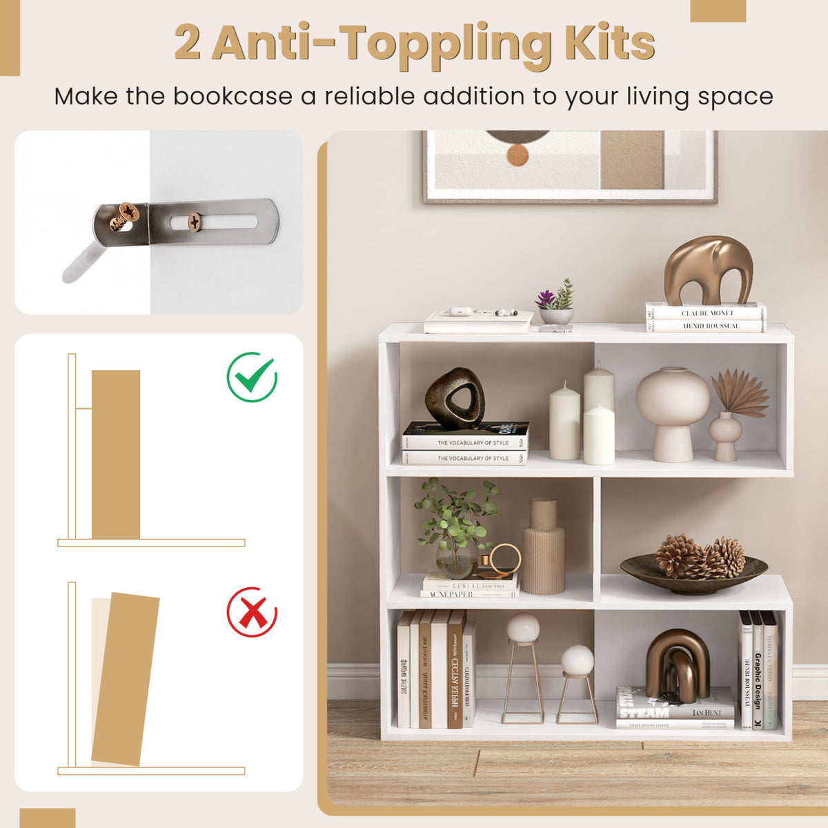 Concave Bookshelf with 3 Open Shelves & Anti-Toppling Device for