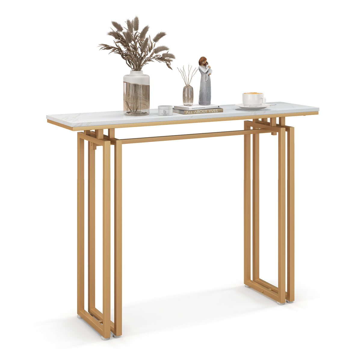 48 Inch Gold Console Table with White Faux Marble Tabletop