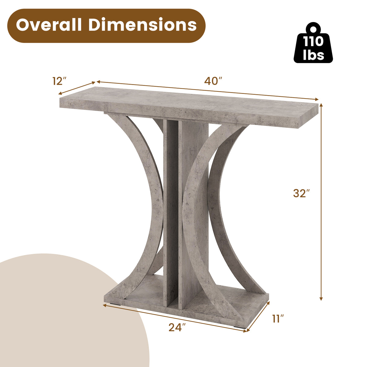 Console Table 39.5 Inch Rectangular Entryway, Gray