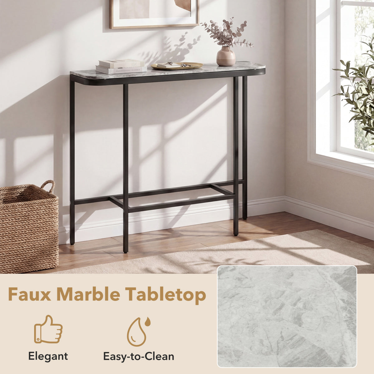 44-Inch Console Table with Faux Marble Tabletop, Gray