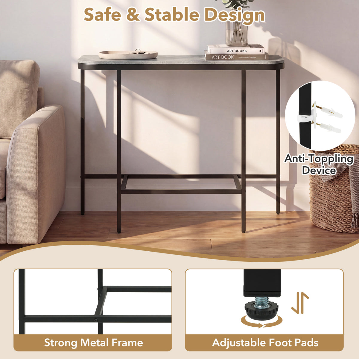 44-Inch Console Table with Faux Marble Tabletop, Gray